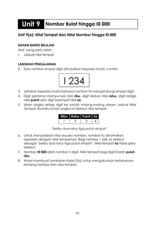 Unit 9         Nombor Bulat hingga I0 000

Unit 9(a): Nilai Tempat dan Nilai Nombor hingga I0 000

BAHAN BANTU BELAJAR
Alat yang perlu ialah:
I. Jadual nilai tempat

LANGKAH PENGAJARAN
2. Satu nombor empat digit ditunjukkan kepada murid, contoh:



                             I 234
3. Jelaskan kepada murid bahawa nombor ini mengandungi empat digit.
4. Digit pertama mempunyai nilai ribu, digit kedua nilai ratus, digit ketiga
   nilai puluh dan digit keempat nilai sa.
5. Isikan angka setiap digit ke rumah masing-masing dalam Jadual Nilai
   Tempat. Rumah-rumah angka ini disebut nilai tempat.

                           Ribu   Ratus Puluh Sa
                             I      2     3    4

                     “Seribu dua ratus tiga puluh empat”

6. Untuk menyatakan nilai sesuatu nombor, nombor itu dinamakan
   sepadan dengan nilai tempatnya. Bagi nombor 1 234, ia disebut
   sebagai “seribu dua ratus tiga puluh empat”. Nilai tempat sa tidak perlu
   disebut.
7. Nombor I0 000 ialah nombor 5 digit. Nilai tempat bagi digit I ialah puluh
   ribu.
8. Murid membuat Lembaran Kerja 9(a) untuk mengukuhkan kefahaman
   tentang nombor dan nilai tempat.




                                     65
 