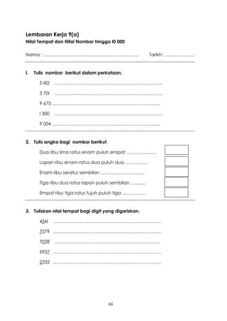 Lembaran Kerja 9(a)
Nilai Tempat dan Nilai Nombor hingga I0 000

Nama : …………………………………………………… ..                              Tarikh: ………………..


I.   Tulis nombor berikut dalam perkataan.

       5 I82   ……………………………………………………………..

       3 70I   ……………………………………………………………..

       9 675 ……………………………………………………………..

       I 300   ……………………………………………………………..

       9 004 ……………………………………………………………..


2. Tulis angka bagi nombor berikut.

       Dua ribu lima ratus enam puluh empat ………………..

       Lapan ribu enam ratus dua puluh dua ……………

       Enam ribu seratus sembilan ………………………..

       Tiga ribu dua ratus lapan puluh sembilan …........

       Empat ribu tiga ratus tujuh puluh tiga ……………


3. Tuliskan nilai tempat bagi digit yang digariskan.

       456I    ……………………………………………………………..

       7379 ……………………………………………………………..

       7028    ……………………………………………………………

       5937 ……………………………………………………………..

       2332 ……………………………………………………………..




                                       66
 