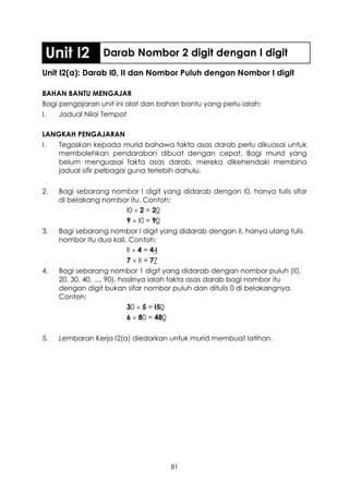Unit I2         Darab Nombor 2 digit dengan I digit
Unit I2(a): Darab I0, II dan Nombor Puluh dengan Nombor I digit

BAHAN BANTU MENGAJAR
Bagi pengajaran unit ini alat dan bahan bantu yang perlu ialah:
I.   Jadual Nilai Tempat

LANGKAH PENGAJARAN
I.  Tegaskan kepada murid bahawa fakta asas darab perlu dikuasai untuk
    membolehkan pendaraban dibuat dengan cepat. Bagi murid yang
    belum menguasai fakta asas darab, mereka dikehendaki membina
    jadual sifir pelbagai guna terlebih dahulu.

2.   Bagi sebarang nombor I digit yang didarab dengan I0, hanya tulis sifar
     di belakang nombor itu. Contoh:
                             I0  2 = 20
                             9  I0 = 90
3.   Bagi sebarang nombor I digit yang didarab dengan II, hanya ulang tulis
     nombor itu dua kali. Contoh:
                             II  4 = 44
                             7  II = 77
4.   Bagi sebarang nombor 1 digit yang didarab dengan nombor puluh (I0,
     20, 30, 40, ..., 90), hasilnya ialah fakta asas darab bagi nombor itu
     dengan digit bukan sifar nombor puluh dan ditulis 0 di belakangnya.
     Contoh:
                             30  5 = I50
                             6  80 = 480

5.   Lembaran Kerja I2(a) diedarkan untuk murid membuat latihan.




                                     81
 