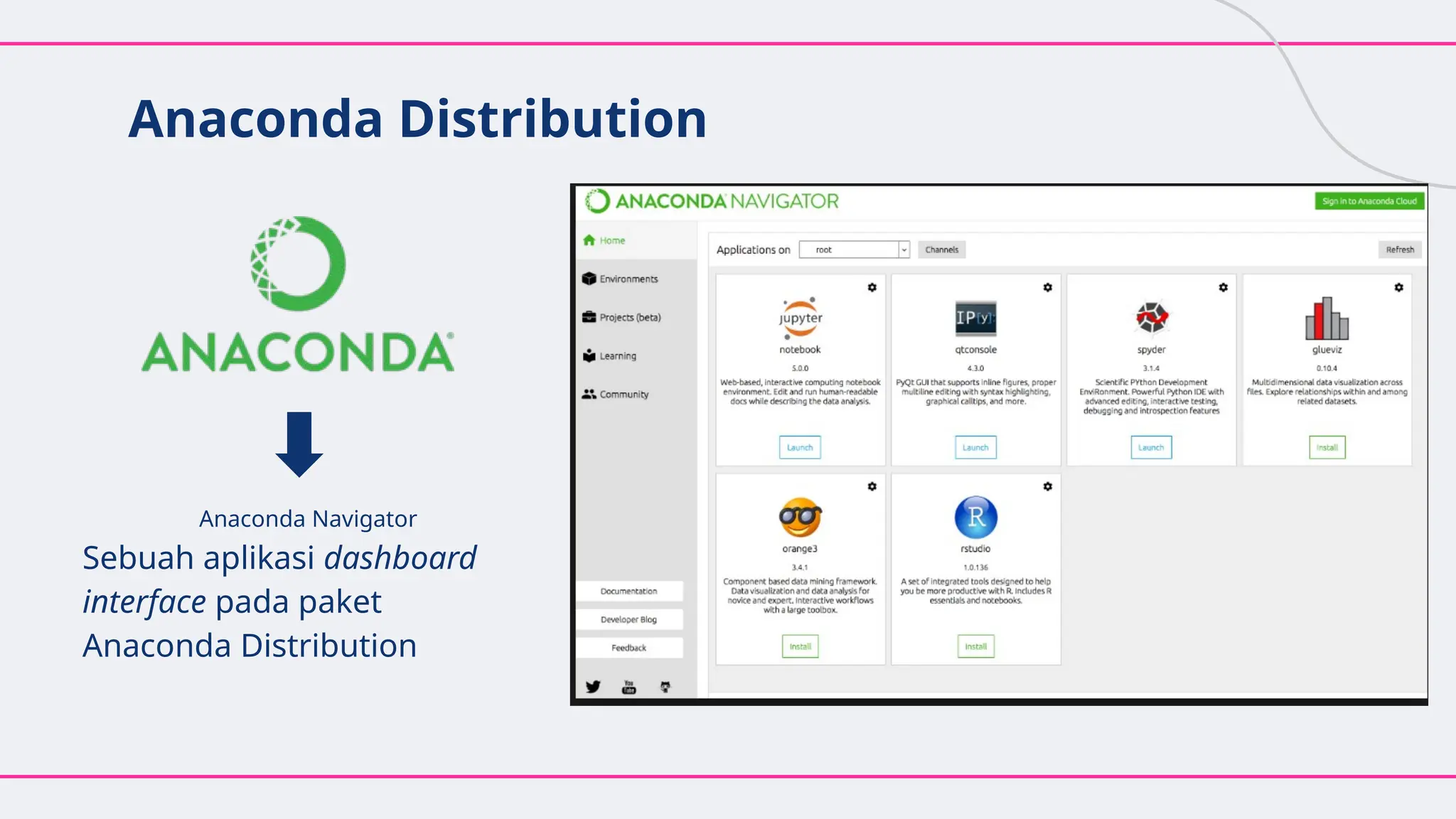 Anaconda Distribution
Anaconda Navigator
Sebuah aplikasi dashboard
interface pada paket
Anaconda Distribution
 