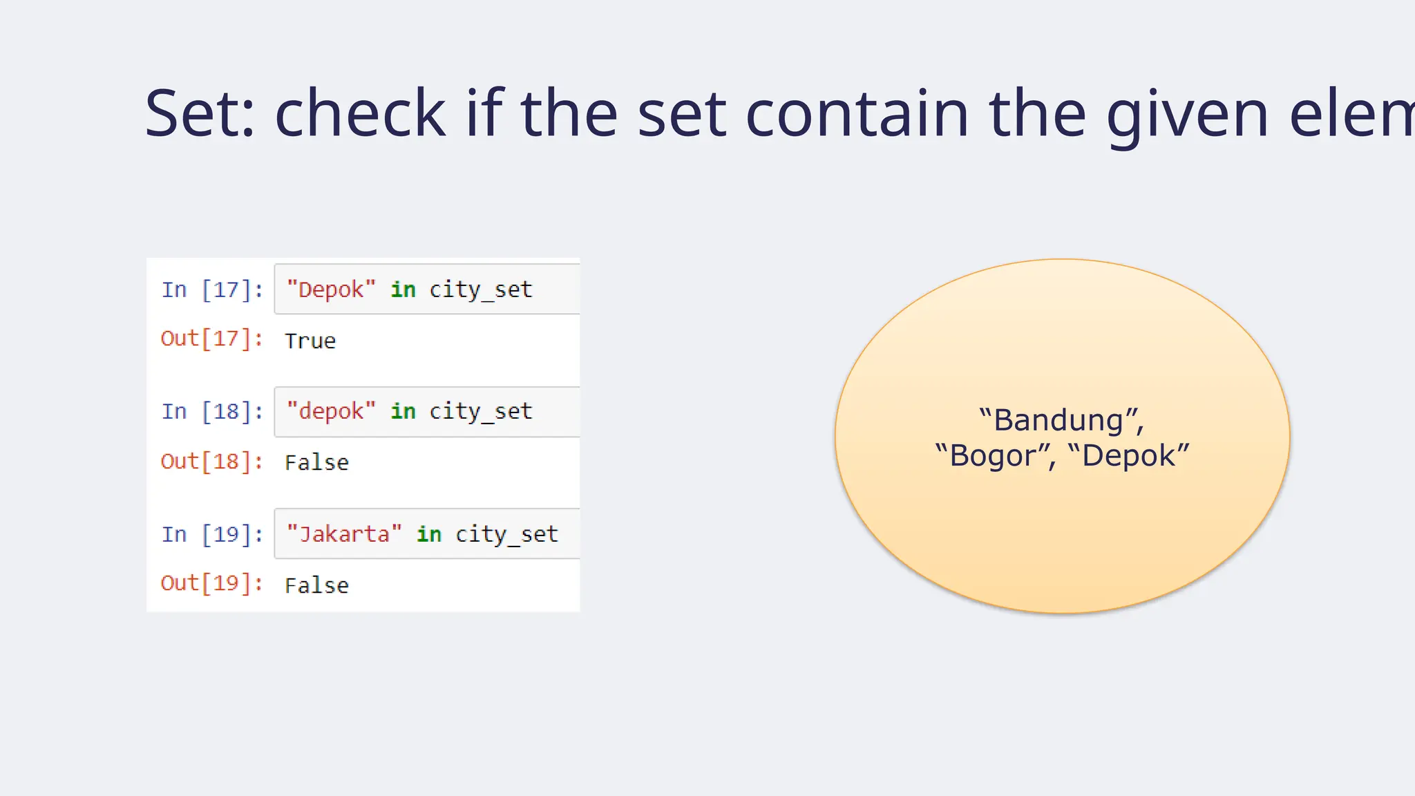 Set: check if the set contain the given elem
“Bandung”,
“Bogor”, “Depok”
 