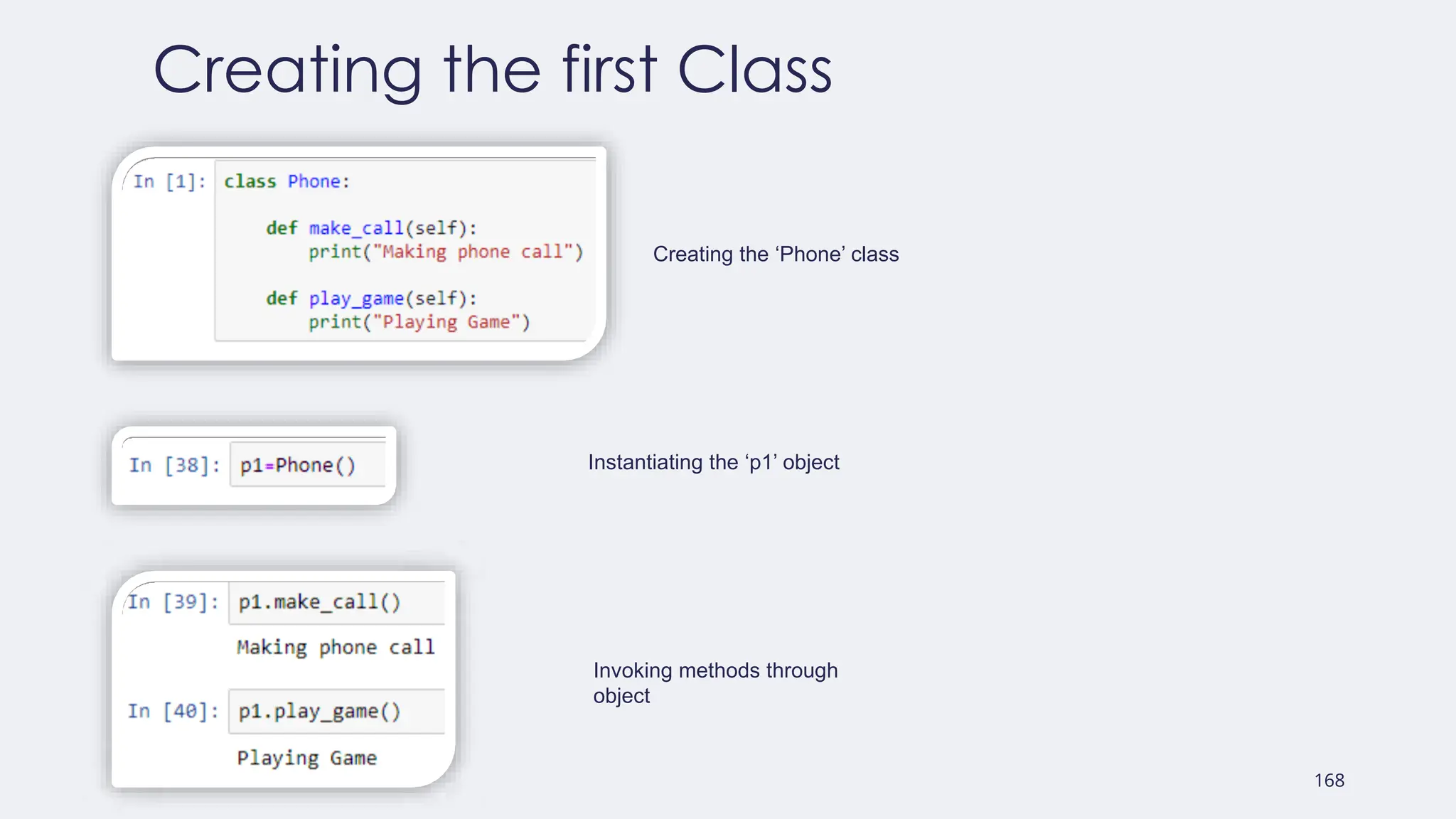 168
Creating the first Class
Creating the ‘Phone’ class
Instantiating the ‘p1’ object
Invoking methods through
object
 