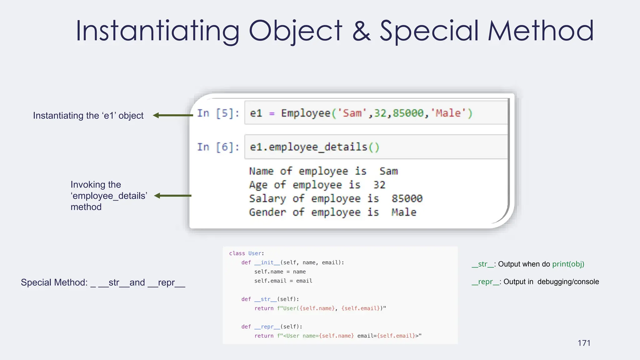 171
Instantiating Object & Special Method
Instantiating the ‘e1’ object
Invoking the
‘employee_details’
method
Special Method: _ __str__and __repr__
__str__: Output when do print(obj)
__repr__: Output in debugging/console
 