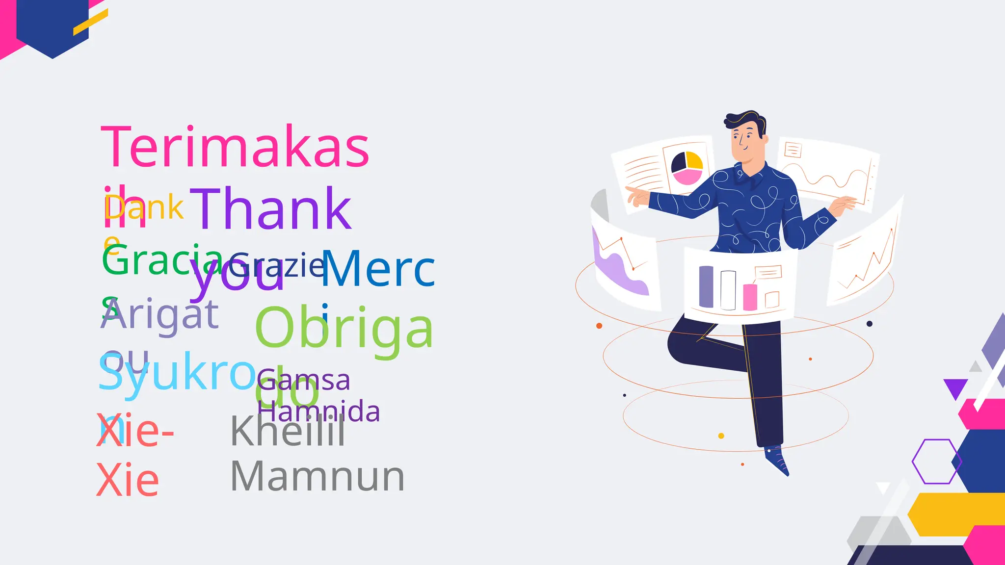 Terimakas
ih
Dank
e
Gracia
s
Thank
you
Grazie
Arigat
ou
Merc
i
Syukro
n
Obriga
do
Gamsa
Hamnida
Xie-
Xie
Kheilil
Mamnun
 