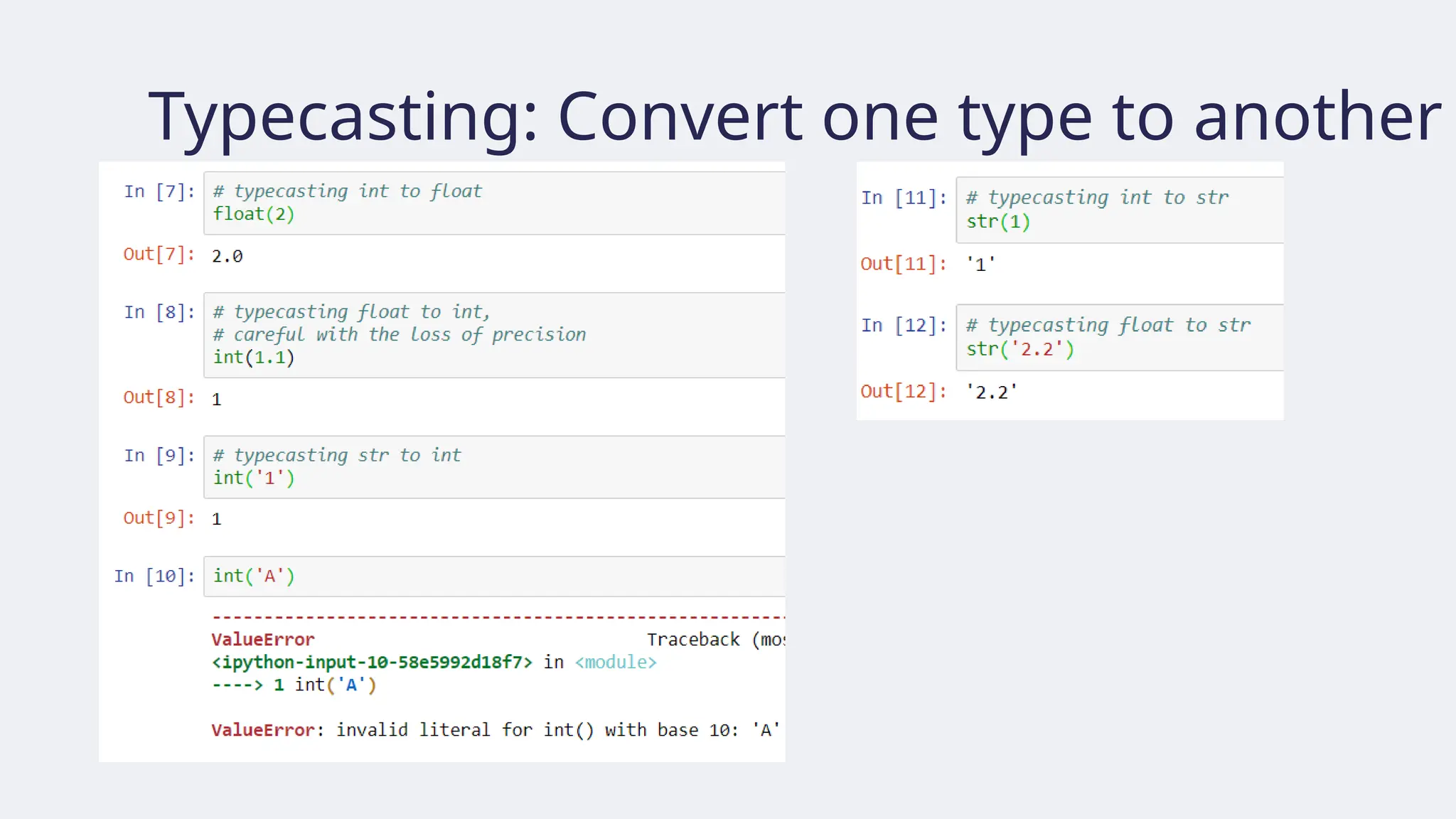 Typecasting: Convert one type to another
 