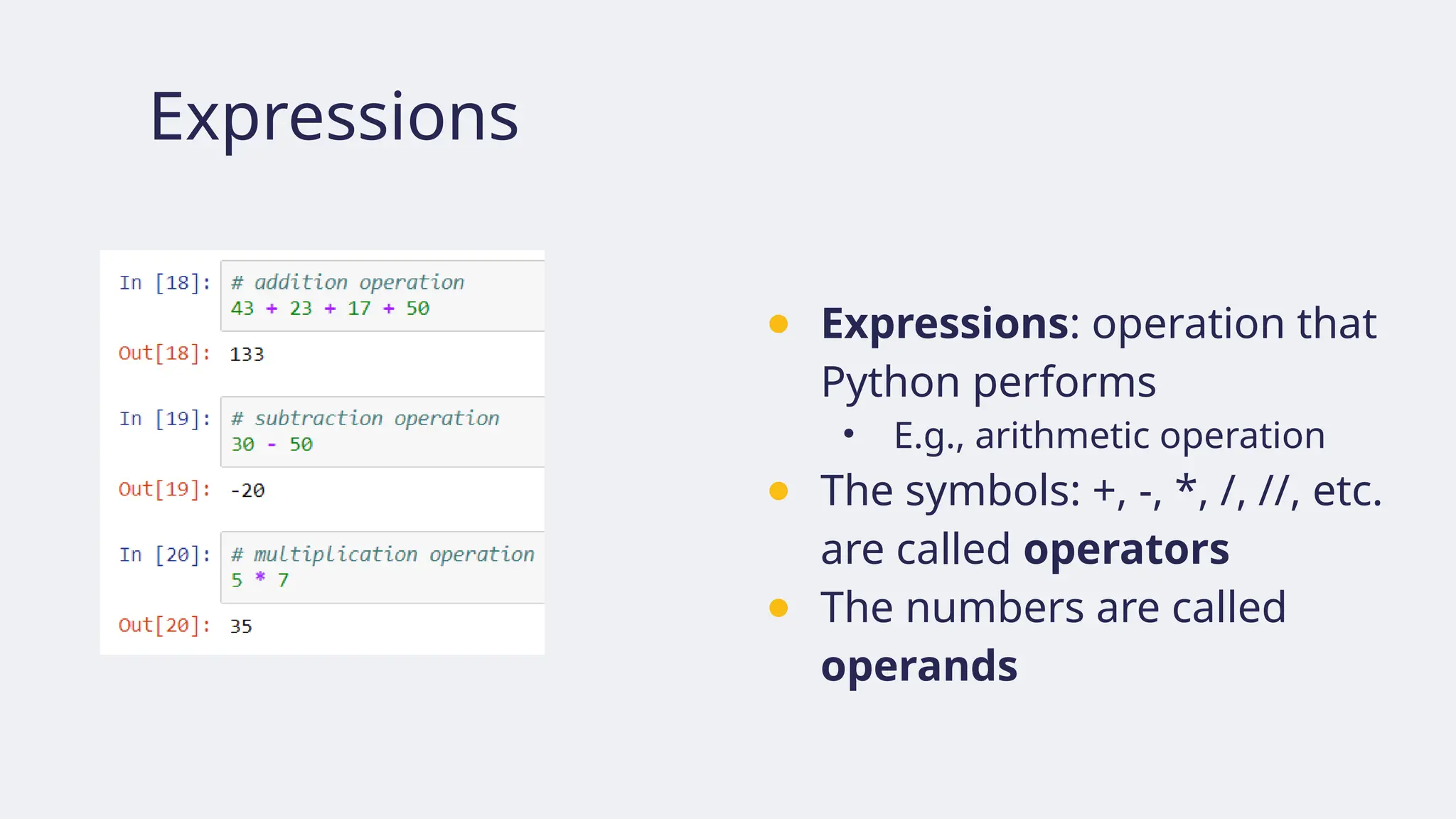 Expressions
● Expressions: operation that
Python performs
• E.g., arithmetic operation
● The symbols: +, -, *, /, //, etc.
are called operators
● The numbers are called
operands
 