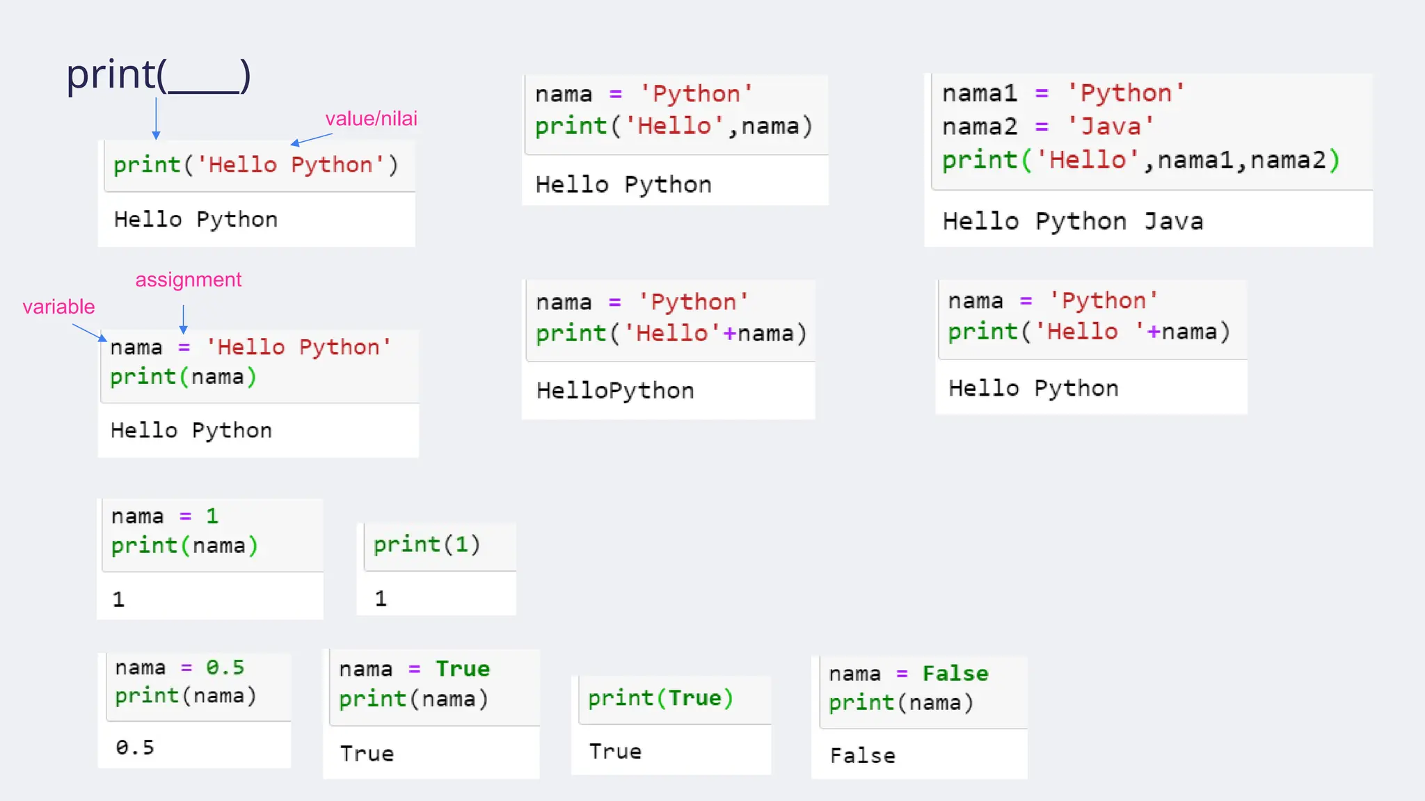 print(____)
assignment
variable
value/nilai
 