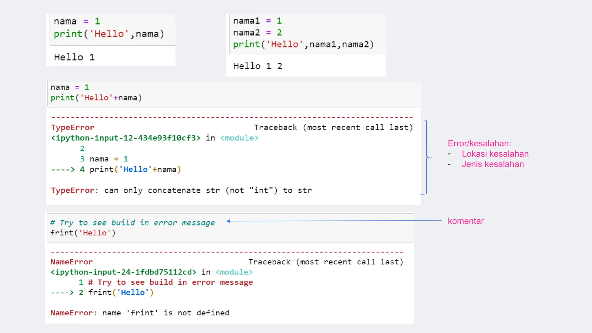 Error/kesalahan:
- Lokasi kesalahan
- Jenis kesalahan
komentar
 