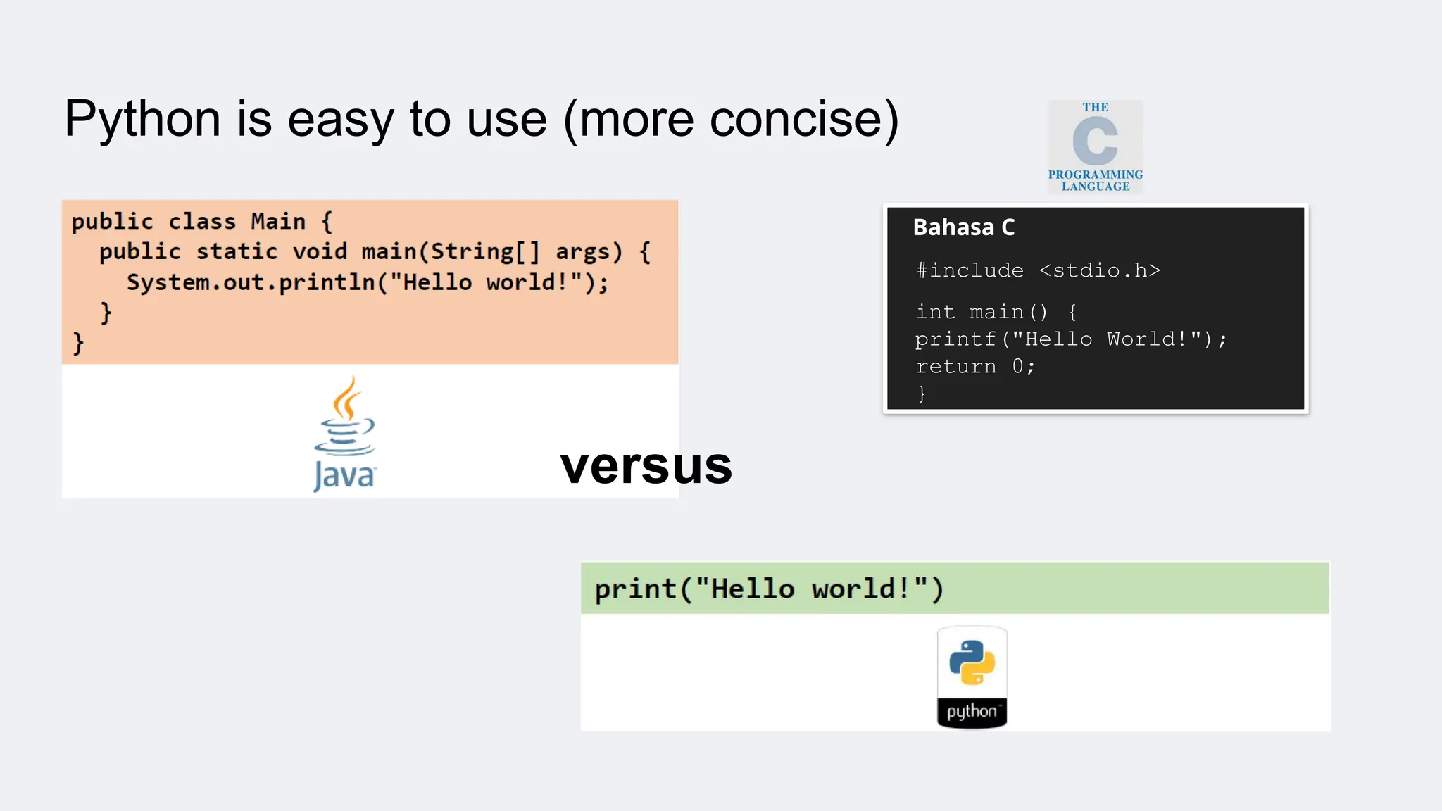 Python is easy to use (more concise)
versus
Bahasa C
#include <stdio.h>
int main() {
printf("Hello World!");
return 0;
}
 