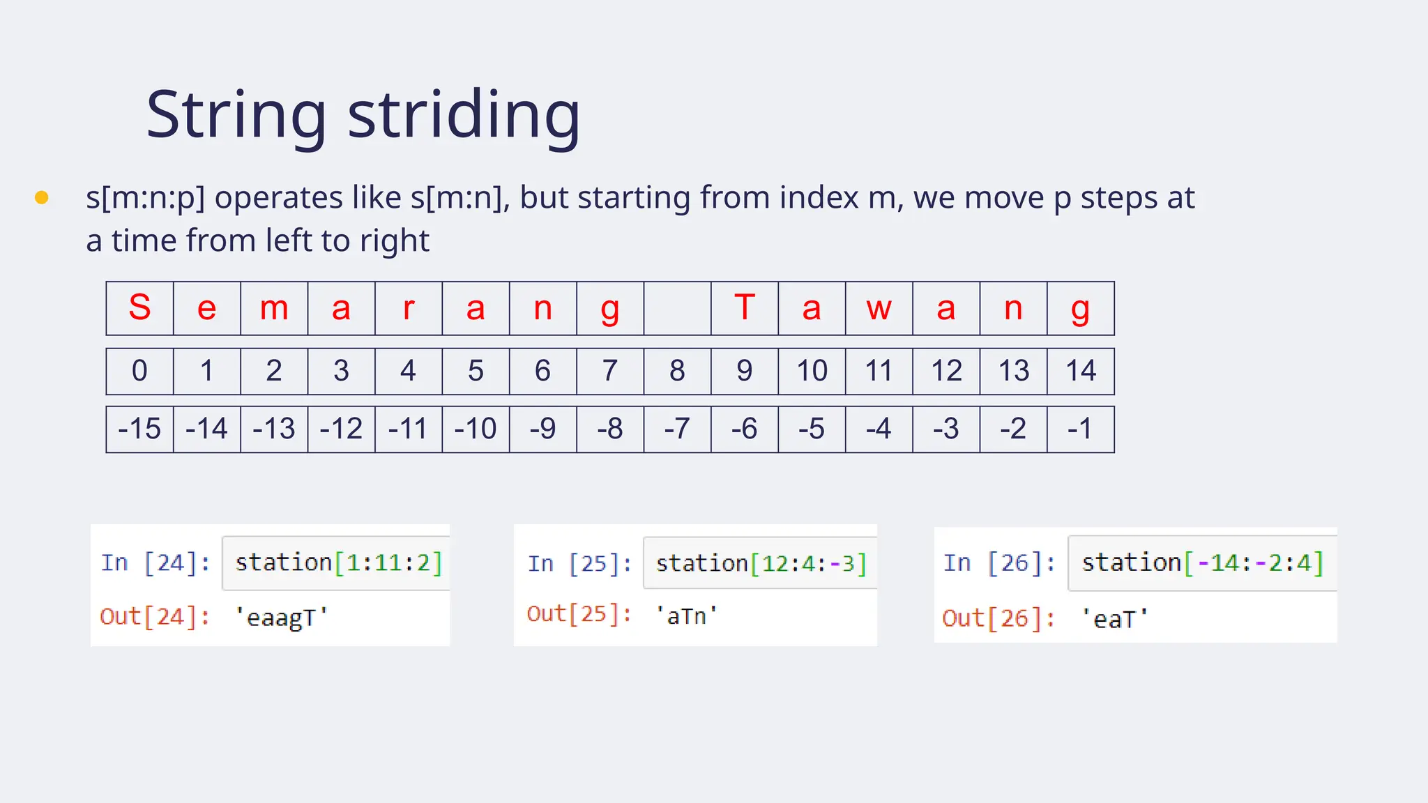 String striding
● s[m:n:p] operates like s[m:n], but starting from index m, we move p steps at
a time from left to right
S e m a r a n g T a w a n g
0 1 2 3 4 5 6 7 8 9 10 11 12 13 14
-15 -14 -13 -12 -11 -10 -9 -8 -7 -6 -5 -4 -3 -2 -1
 