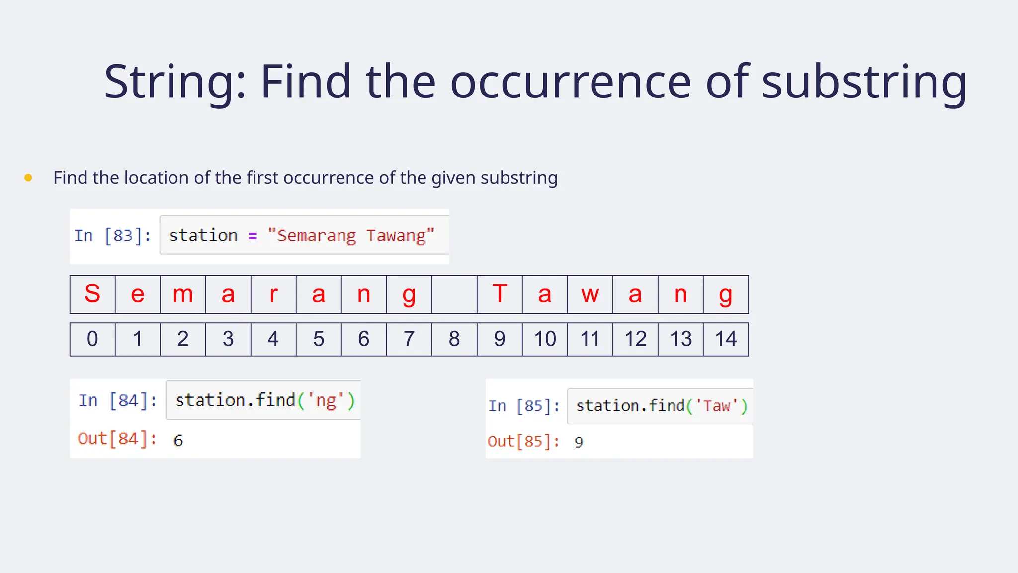 String: Find the occurrence of substring
● Find the location of the first occurrence of the given substring
S e m a r a n g T a w a n g
0 1 2 3 4 5 6 7 8 9 10 11 12 13 14
 
