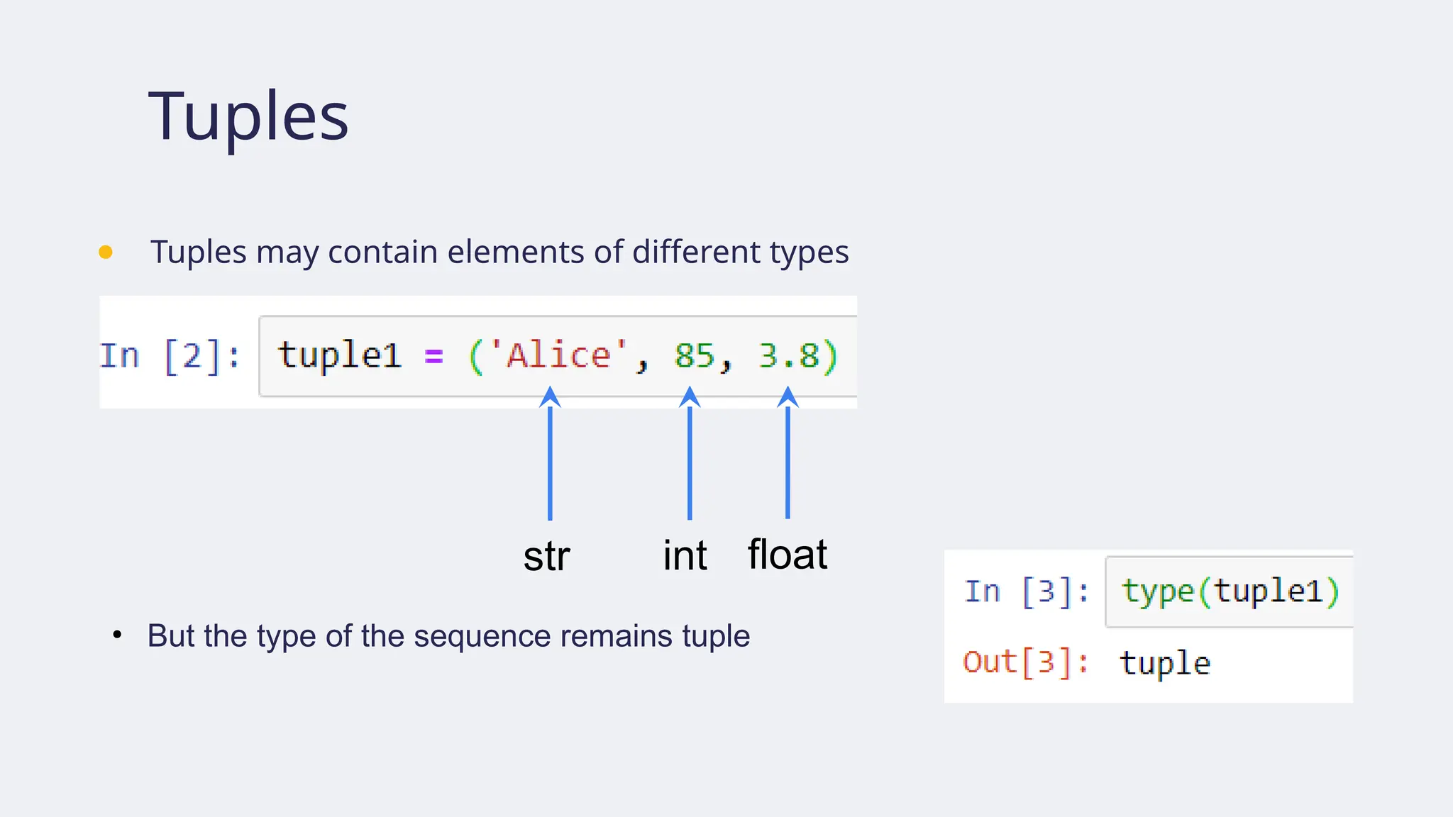 Tuples
● Tuples may contain elements of different types
str int float
• But the type of the sequence remains tuple
 
