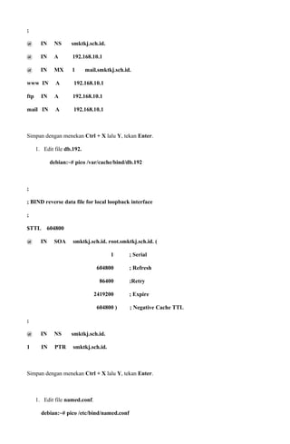 ;
@ IN NS smktkj.sch.id.
@ IN A 192.168.10.1
@ IN MX 1 mail.smktkj.sch.id.
www IN A 192.168.10.1
ftp IN A 192.168.10.1
mail IN A 192.168.10.1
Simpan dengan menekan Ctrl + X lalu Y, tekan Enter.
1. Edit file db.192.
debian:~# pico /var/cache/bind/db.192
;
; BIND reverse data file for local loopback interface
;
$TTL 604800
@ IN SOA smktkj.sch.id. root.smktkj.sch.id. (
1 ; Serial
604800 ; Refresh
86400 ;Retry
2419200 ; Expire
604800 ) ; Negative Cache TTL
;
@ IN NS smktkj.sch.id.
1 IN PTR smktkj.sch.id.
Simpan dengan menekan Ctrl + X lalu Y, tekan Enter.
1. Edit file named.conf.
debian:~# pico /etc/bind/named.conf
 