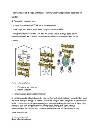 Sinari masa depan anda
Kuasai teknologi maklumat
- koleksi kepada beberapa LAN tetapi dalam kawasan geografi yang besar seperti
bandar.
3. Rangkaian kawasan luas
- ia juga dikenali sebagai WAN (wide area network)
- jarak rangkaian adalah lebih besar daripada LAN dan MAN
- merupakan koleksi kepada LAN dan MAN atau kedua-duanya tetapi dalam
kawasangeografi yang sangat besar iaitu global tanpa sempadan /satu dunia.
Contoh :
Jenis-jenis rangkaian
1. Pengguna dan pelayan
2. Rakan ke rakan
1. Pengguna dan pelayan (client-server)
Ia terdiri daripada sebuah komputer pelayan (server) untuk melayan komputer lain yang
bertindak sebagai pengguna (client). Komputer pelayan akan menjalankan pengurusan
pusat untuk melayan pengguna-pengguna dari segi perkongsian perisian aplikasi, data,
pencetak dan lain-lain.pelayan tidak memproses, mengubah data . Hanya
melaksanakan permintaan sari komputer pengguna atas fail yang disimpannya.
Jenis-jenis server:
 