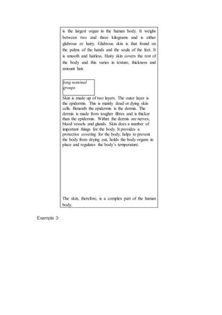 is the largest organ in the human body. It weighs
between two and three kilograms and is either
glabrous or hairy. Glabrous skin is that found on
the palms of the hands and the soula of the feet. It
is smooth and hairless. Hairy skin covers the rest of
the body and this varies in texture, thickness and
amount hair.
long nominal
groups
Skin is made up of two layers. The outer layer is
the epidermis. This is mainly dead or dying skin
cells. Beneath the epidermis is the dermis. The
dermis is made from tougher fibres and is thicker
than the epidermis. Within the dermis are nerves,
blood vessels and glands. Skin does a number of
important things for the body. It provides a
protective covering for the body, helps to prevent
the body from drying out, holds the body organs in
place and regulates the body’s temperature.
The skin, therefore, is a complex part of the human
body.
Example 3:
 