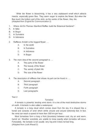 While the flower is blossoming, it has a very unpleasant smell which attracts
insects, especially green flies. They seem eager to explore the flower. But when the
flies touch the bottom part of the stick, as the centre of the flower, they die.
(Adapted from English for Communication 3)
1. Where did Sir Thomas Stamford Raffles build the Botanical Gardens?
A. In Italia
B. In Bogor
C. In Sumatera
D. In Indonesia
2. Rafflesia Arnoldi is the biggest flower ….
A. In the world
B. In Sumatera
C. In Indonesia
D. In Bogor
3. The main idea of the second paragraph is ….
A. The parts of the flower
B. The beauty of the flower
C. The variety of plant life
D. The size of the flower
4. The description of rafflesia that shows its part can be found in ….
A. Second paragraph
B. Third paragraph
C. Forth paragraph
D. Last paragraphs
Text 2
Tornados
A tornado is powerful, twisting wind storm. It is one of the most destructive storms
on earth. A tornado is also called a waterspout.
A tornado is a long cloud which comes down from the sky. It is shaped like a
funnel and consists of wind which whirls around and around extremely fast. In fact,
the wind can reach a speed of more than 900 km per hour.
Most tornadoes form a long a front (boundary) between cool, dry air and warm,
humid air. Weather scientists are unable to know exactly when tornados will occur.
Fortunately, the tornado is not usually very big and it does not last long.
(Adapted from Look Ahead 2)
 