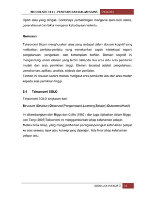 [MODUL SCE 3111 : PENTAKSIRAN DALAM SAINS] IPGKDRI
GOODLUCK IN EXAM  34
dipilih atau yang diingati. Contohnya perbandingan mengenai teori-teori utama,
generaliasasi dan fakta mengenai kebudayaan tertentu.
Rumusan
Taksonomi Bloom menghuraikan aras yang terdapat dalam domain kognitif yang
melibatkan perilaku-perilaku yang menekankan aspek intelektual, seperti
pengetahuan, pengertian, dan ketrampilan berfikir. Domain kognitif ini
mengandungi enam elemen yang terdiri dariapda dua aras iaitu aras pemikiran
mudah dan aras pemikiran tinggi. Elemen tersebut adalah pengetahuan,
pemahaman, aplikasi, analisis, sintesis dan penilaian.
Elemen ini disusun secara menaik mengikut aras pemikiran iaitu dari aras mudah
kepada aras pemikiran tinggi.
5.4 Taksonomi SOLO
Taksonomi SOLO singkatan dari:
Structure (Struktur),Observed(Pengamatan),Learning(Belajar),Outcomes(Hasil)
Ini dikembangkan oleh Biggs dan Collis (1982), dan juga dijelaskan dalam Biggs
dan Tang (2007)Taksonomi ini menggambarkan tahap kefahaman pelajar.
Melalui lima tahap, yang menggambarkan peringkat-peringkat kefahaman pelajar
ke atas sesuatu tajuk atau konsep yang dipelajari. Ada lima tahap kefahaman
pelajar iaitu;
 