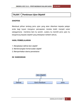 [MODUL SCE 3111 : PENTAKSIRAN DALAM SAINS] IPGKDRI
GOODLUCK IN EXAM  46
TAJUK 7 Pembinaan Ujian Objektif
SINOPSIS
Membuat pilihan tentang jenis ujian yang akan diberikan kepada pelajar
anda bagi tujuan mengukur pencapaian mereka boleh menjadi sukar
sebagaimana membina item itu sendiri. Justeru itu memilih jenis ujian itu
bergantung kepada objektif yang ditetapkan terlebih dahulu.
HASIL PEMBELAJARAN
1. Menjelaskan definisi item objektif
2. Membincangkan format soalan objektif
3. Memperihalkan skema pemarkahan
ISI KANDUNGAN
Item Objektif
Definisi Garis Panduan Jenis
 