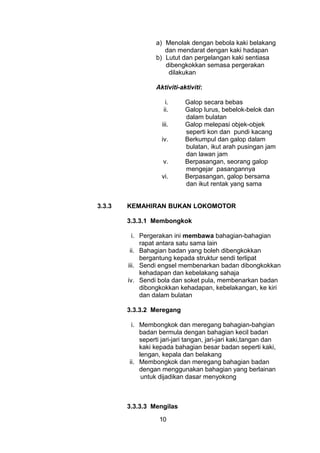 a) Menolak dengan bebola kaki belakang
dan mendarat dengan kaki hadapan
b) Lutut dan pergelangan kaki sentiasa
dibengkokkan semasa pergerakan
dilakukan
Aktiviti-aktiviti:
i. Galop secara bebas
ii. Galop lurus, bebelok-belok dan
dalam bulatan
iii. Galop melepasi objek-objek
seperti kon dan pundi kacang
iv. Berkumpul dan galop dalam
bulatan, ikut arah pusingan jam
dan lawan jam
v. Berpasangan, seorang galop
mengejar pasangannya
vi. Berpasangan, galop bersama
dan ikut rentak yang sama
3.3.3 KEMAHIRAN BUKAN LOKOMOTOR
3.3.3.1 Membongkok
i. Pergerakan ini membawa bahagian-bahagian
rapat antara satu sama lain
ii. Bahagian badan yang boleh dibengkokkan
bergantung kepada struktur sendi terlipat
iii. Sendi engsel membenarkan badan dibongkokkan
kehadapan dan kebelakang sahaja
iv. Sendi bola dan soket pula, membenarkan badan
dibongkokkan kehadapan, kebelakangan, ke kiri
dan dalam bulatan
3.3.3.2 Meregang
i. Membongkok dan meregang bahagian-bahgian
badan bermula dengan bahagian kecil badan
seperti jari-jari tangan, jari-jari kaki,tangan dan
kaki kepada bahagian besar badan seperti kaki,
lengan, kepala dan belakang
ii. Membongkok dan meregang bahagian badan
dengan menggunakan bahagian yang berlainan
untuk dijadikan dasar menyokong
3.3.3.3 Mengilas
10
 