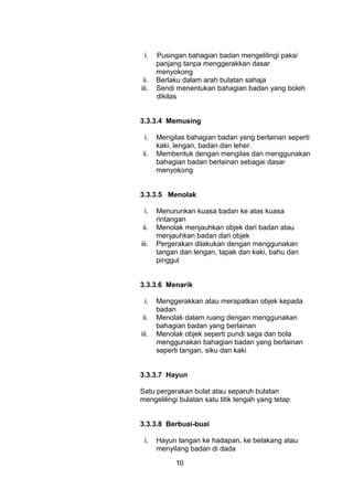 i. Pusingan bahagian badan mengelilingi paksi
panjang tanpa menggerakkan dasar
menyokong
ii. Berlaku dalam arah bulatan sahaja
iii. Sendi menentukan bahagian badan yang boleh
dikilas
3.3.3.4 Memusing
i. Mengilas bahagian badan yang berlainan seperti
kaki, lengan, badan dan leher.
ii. Membentuk dengan mengilas dan menggunakan
bahagian badan berlainan sebagai dasar
menyokong
3.3.3.5 Menolak
i. Menurunkan kuasa badan ke atas kuasa
rintangan
ii. Menolak menjauhkan objek dari badan atau
menjauhkan badan dari objek
iii. Pergerakan dilakukan dengan menggunakan
tangan dan lengan, tapak dan kaki, bahu dan
pinggul
3.3.3.6 Menarik
i. Menggerakkan atau merapatkan objek kepada
badan
ii. Menolak dalam ruang dengan menggunakan
bahagian badan yang berlainan
iii. Menolak objek seperti pundi saga dan bola
menggunakan bahagian badan yang berlainan
seperti tangan, siku dan kaki
3.3.3.7 Hayun
Satu pergerakan bulat atau separuh bulatan
mengelilingi bulatan satu titik tengah yang tetap
3.3.3.8 Berbuai-buai
i. Hayun tangan ke hadapan, ke belakang atau
menyilang badan di dada
10
 