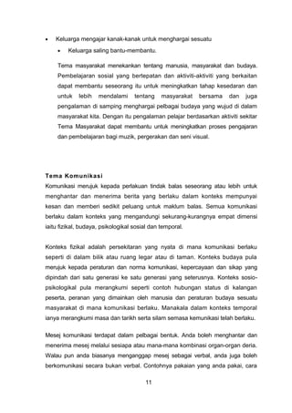 • Keluarga mengajar kanak-kanak untuk menghargai sesuatu
• Keluarga saling bantu-membantu.
Tema masyarakat menekankan tentang manusia, masyarakat dan budaya.
Pembelajaran sosial yang bertepatan dan aktiviti-aktiviti yang berkaitan
dapat membantu seseorang itu untuk meningkatkan tahap kesedaran dan
untuk lebih mendalami tentang masyarakat bersama dan juga
pengalaman di samping menghargai pelbagai budaya yang wujud di dalam
masyarakat kita. Dengan itu pengalaman pelajar berdasarkan aktiviti sekitar
Tema Masyarakat dapat membantu untuk meningkatkan proses pengajaran
dan pembelajaran bagi muzik, pergerakan dan seni visual.
Tema Komunikasi
Komunikasi merujuk kepada perlakuan tindak balas seseorang atau lebih untuk
menghantar dan menerima berita yang berlaku dalam konteks mempunyai
kesan dan memberi sedikit peluang untuk maklum balas. Semua komunikasi
berlaku dalam konteks yang mengandungi sekurang-kurangnya empat dimensi
iaitu fizikal, budaya, psikologikal sosial dan temporal.
Konteks fizikal adalah persekitaran yang nyata di mana komunikasi berlaku
seperti di dalam bilik atau ruang legar atau di taman. Konteks budaya pula
merujuk kepada peraturan dan norma komunikasi, kepercayaan dan sikap yang
dipindah dari satu generasi ke satu generasi yang seterusnya. Konteks sosio-
psikologikal pula merangkumi seperti contoh hubungan status di kalangan
peserta, peranan yang dimainkan oleh manusia dan peraturan budaya sesuatu
masyarakat di mana komunikasi berlaku. Manakala dalam konteks temporal
ianya merangkumi masa dan tarikh serta silam semasa kemunikasi telah berlaku.
Mesej komunikasi terdapat dalam pelbagai bentuk. Anda boleh menghantar dan
menerima mesej melalui sesiapa atau mana-mana kombinasi organ-organ deria.
Walau pun anda biasanya menganggap mesej sebagai verbal, anda juga boleh
berkomunikasi secara bukan verbal. Contohnya pakaian yang anda pakai, cara
11
 
