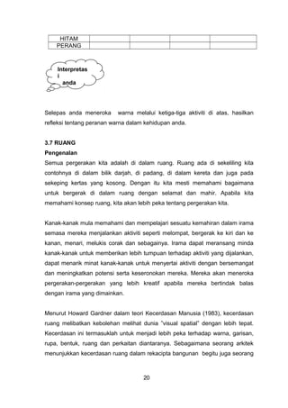 HITAM
PERANG
Selepas anda meneroka warna melalui ketiga-tiga aktiviti di atas, hasilkan
refleksi tentang peranan warna dalam kehidupan anda.
3.7 RUANG
Pengenalan
Semua pergerakan kita adalah di dalam ruang. Ruang ada di sekeliling kita
contohnya di dalam bilik darjah, di padang, di dalam kereta dan juga pada
sekeping kertas yang kosong. Dengan itu kita mesti memahami bagaimana
untuk bergerak di dalam ruang dengan selamat dan mahir. Apabila kita
memahami konsep ruang, kita akan lebih peka tentang pergerakan kita.
Kanak-kanak mula memahami dan mempelajari sesuatu kemahiran dalam irama
semasa mereka menjalankan aktiviti seperti melompat, bergerak ke kiri dan ke
kanan, menari, melukis corak dan sebagainya. Irama dapat meransang minda
kanak-kanak untuk memberikan lebih tumpuan terhadap aktiviti yang dijalankan,
dapat menarik minat kanak-kanak untuk menyertai aktiviti dengan bersemangat
dan meningkatkan potensi serta keseronokan mereka. Mereka akan meneroka
pergerakan-pergerakan yang lebih kreatif apabila mereka bertindak balas
dengan irama yang dimainkan.
Menurut Howard Gardner dalam teori Kecerdasan Manusia (1983), kecerdasan
ruang melibatkan kebolehan melihat dunia ”visual spatial” dengan lebih tepat.
Kecerdasan ini termasuklah untuk menjadi lebih peka terhadap warna, garisan,
rupa, bentuk, ruang dan perkaitan diantaranya. Sebagaimana seorang arkitek
menunjukkan kecerdasan ruang dalam rekacipta bangunan begitu juga seorang
20
Interpretas
i
anda
 