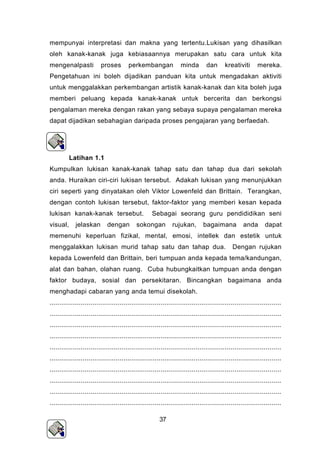 mempunyai interpretasi dan makna yang tertentu.Lukisan yang dihasilkan
oleh kanak-kanak juga kebiasaannya merupakan satu cara untuk kita
mengenalpasti proses perkembangan minda dan kreativiti mereka.
Pengetahuan ini boleh dijadikan panduan kita untuk mengadakan aktiviti
untuk menggalakkan perkembangan artistik kanak-kanak dan kita boleh juga
memberi peluang kepada kanak-kanak untuk bercerita dan berkongsi
pengalaman mereka dengan rakan yang sebaya supaya pengalaman mereka
dapat dijadikan sebahagian daripada proses pengajaran yang berfaedah.
Latihan 1.1
Kumpulkan lukisan kanak-kanak tahap satu dan tahap dua dari sekolah
anda. Huraikan ciri-ciri lukisan tersebut. Adakah lukisan yang menunjukkan
ciri seperti yang dinyatakan oleh Viktor Lowenfeld dan Brittain. Terangkan,
dengan contoh lukisan tersebut, faktor-faktor yang memberi kesan kepada
lukisan kanak-kanak tersebut. Sebagai seorang guru pendididikan seni
visual, jelaskan dengan sokongan rujukan, bagaimana anda dapat
memenuhi keperluan fizikal, mental, emosi, intellek dan estetik untuk
menggalakkan lukisan murid tahap satu dan tahap dua. Dengan rujukan
kepada Lowenfeld dan Brittain, beri tumpuan anda kepada tema/kandungan,
alat dan bahan, olahan ruang. Cuba hubungkaitkan tumpuan anda dengan
faktor budaya, sosial dan persekitaran. Bincangkan bagaimana anda
menghadapi cabaran yang anda temui disekolah.
.......................................................................................................................
.......................................................................................................................
.......................................................................................................................
.......................................................................................................................
.......................................................................................................................
.......................................................................................................................
.......................................................................................................................
.......................................................................................................................
.......................................................................................................................
.......................................................................................................................
37
 