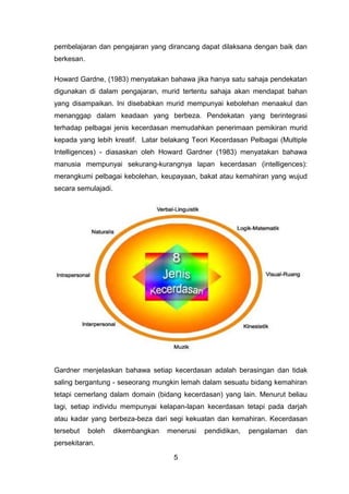 pembelajaran dan pengajaran yang dirancang dapat dilaksana dengan baik dan
berkesan.
Howard Gardne, (1983) menyatakan bahawa jika hanya satu sahaja pendekatan
digunakan di dalam pengajaran, murid tertentu sahaja akan mendapat bahan
yang disampaikan. Ini disebabkan murid mempunyai kebolehan menaakul dan
menanggap dalam keadaan yang berbeza. Pendekatan yang berintegrasi
terhadap pelbagai jenis kecerdasan memudahkan penerimaan pemikiran murid
kepada yang lebih kreatif. Latar belakang Teori Kecerdasan Pelbagai (Multiple
Intelligences) - diasaskan oleh Howard Gardner (1983) menyatakan bahawa
manusia mempunyai sekurang-kurangnya lapan kecerdasan (intelligences):
merangkumi pelbagai kebolehan, keupayaan, bakat atau kemahiran yang wujud
secara semulajadi.
Gardner menjelaskan bahawa setiap kecerdasan adalah berasingan dan tidak
saling bergantung - seseorang mungkin lemah dalam sesuatu bidang kemahiran
tetapi cemerlang dalam domain (bidang kecerdasan) yang lain. Menurut beliau
lagi, setiap individu mempunyai kelapan-lapan kecerdasan tetapi pada darjah
atau kadar yang berbeza-beza dari segi kekuatan dan kemahiran. Kecerdasan
tersebut boleh dikembangkan menerusi pendidikan, pengalaman dan
persekitaran.
5
 