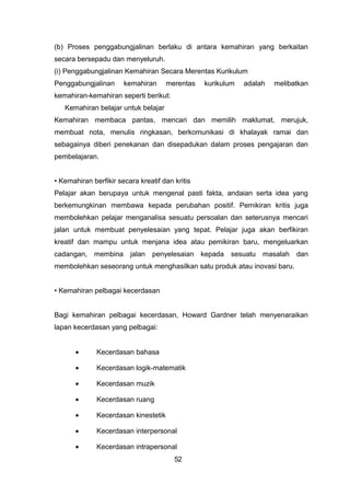 (b) Proses penggabungjalinan berlaku di antara kemahiran yang berkaitan
secara bersepadu dan menyeluruh.
(i) Penggabungjalinan Kemahiran Secara Merentas Kurikulum
Penggabungjalinan kemahiran merentas kurikulum adalah melibatkan
kemahiran-kemahiran seperti berikut:
Kemahiran belajar untuk belajar
Kemahiran membaca pantas, mencari dan memilih maklumat, merujuk,
membuat nota, menulis ringkasan, berkomunikasi di khalayak ramai dan
sebagainya diberi penekanan dan disepadukan dalam proses pengajaran dan
pembelajaran.
• Kemahiran berfikir secara kreatif dan kritis
Pelajar akan berupaya untuk mengenal pasti fakta, andaian serta idea yang
berkemungkinan membawa kepada perubahan positif. Pemikiran kritis juga
membolehkan pelajar menganalisa sesuatu persoalan dan seterusnya mencari
jalan untuk membuat penyelesaian yang tepat. Pelajar juga akan berfikiran
kreatif dan mampu untuk menjana idea atau pemikiran baru, mengeluarkan
cadangan, membina jalan penyelesaian kepada sesuatu masalah dan
membolehkan seseorang untuk menghasilkan satu produk atau inovasi baru.
• Kemahiran pelbagai kecerdasan
Bagi kemahiran pelbagai kecerdasan, Howard Gardner telah menyenaraikan
lapan kecerdasan yang pelbagai:
• Kecerdasan bahasa
• Kecerdasan logik-matematik
• Kecerdasan muzik
• Kecerdasan ruang
• Kecerdasan kinestetik
• Kecerdasan interpersonal
• Kecerdasan intrapersonal
52
 