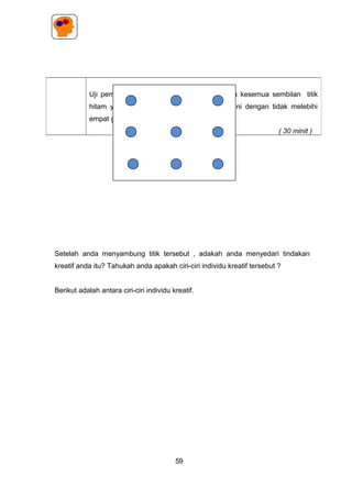 Setelah anda menyambung titik tersebut , adakah anda menyedari tindakan
kreatif anda itu? Tahukah anda apakah ciri-ciri individu kreatif tersebut ?
Berikut adalah antara ciri-ciri individu kreatif.
Uji pemikiran kreatif anda, cuba sambungkan kesemua sembilan titik
hitam yang terdapat dalam rajah di bawah ini dengan tidak melebihi
empat garis lurus tanpa mengangkat pensil.
( 30 minit )
59
 