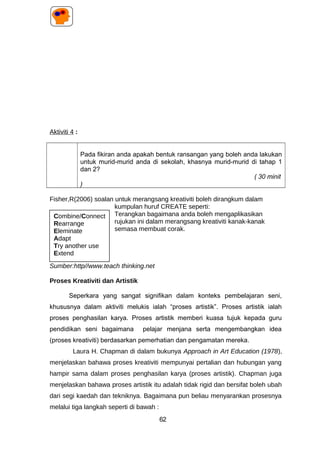Aktiviti 4 :
Pada fikiran anda apakah bentuk ransangan yang boleh anda lakukan
untuk murid-murid anda di sekolah, khasnya murid-murid di tahap 1
dan 2?
( 30 minit
)
Fisher,R(2006) soalan untuk merangsang kreativiti boleh dirangkum dalam
kumpulan huruf CREATE seperti:
Terangkan bagaimana anda boleh mengaplikasikan
rujukan ini dalam merangsang kreativiti kanak-kanak
semasa membuat corak.
Sumber:http//www.teach thinking.net
Proses Kreativiti dan Artistik
Seperkara yang sangat signifikan dalam konteks pembelajaran seni,
khususnya dalam aktiviti melukis ialah “proses artistik”. Proses artistik ialah
proses penghasilan karya. Proses artistik memberi kuasa tujuk kepada guru
pendidikan seni bagaimana pelajar menjana serta mengembangkan idea
(proses kreativiti) berdasarkan pemerhatian dan pengamatan mereka.
Laura H. Chapman di dalam bukunya Approach in Art Education (1978),
menjelaskan bahawa proses kreativiti mempunyai pertalian dan hubungan yang
hampir sama dalam proses penghasilan karya (proses artistik). Chapman juga
menjelaskan bahawa proses artistik itu adalah tidak rigid dan bersifat boleh ubah
dari segi kaedah dan tekniknya. Bagaimana pun beliau menyarankan prosesnya
melalui tiga langkah seperti di bawah :
62
Combine/Connect
Rearrange
Eleminate
Adapt
Try another use
Extend
 