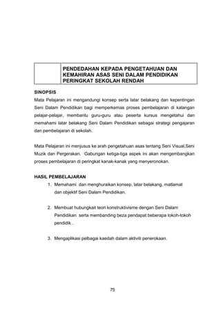 PENDEDAHAN KEPADA PENGETAHUAN DAN
KEMAHIRAN ASAS SENI DALAM PENDIDIKAN
PERINGKAT SEKOLAH RENDAH
SINOPSIS
Mata Pelajaran ini mengandungi konsep serta latar belakang dan kepentingan
Seni Dalam Pendidikan bagi memperkemas proses pembelajaran di kalangan
pelajar-pelajar, membantu guru-guru atau peserta kursus mengetahui dan
memahami latar belakang Seni Dalam Pendidikan sebagai strategi pengajaran
dan pembelajaran di sekolah.
Mata Pelajaran ini menjusus ke arah pengetahuan asas tentang Seni Visual,Seni
Muzik dan Pergerakan. Gabungan ketiga-tiga aspek ini akan mengembangkan
proses pembelajaran di peringkat kanak-kanak yang menyeronokan.
HASIL PEMBELAJARAN
1. Memahami dan menghuraikan konsep, latar belakang, matlamat
dan objektif Seni Dalam Pendidikan.
2. Membuat hubungkait teori konstruktivisme dengan Seni Dalam
Pendidikan serta membanding beza pendapat beberapa tokoh-tokoh
pendidik .
3. Mengaplikasi pelbagai kaedah dalam aktiviti penerokaan.
75
 