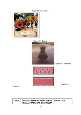Rajah 22: Seni Tekat
Rajah 23 : Gasing
Rajah 24 : Tembikar
Rajah 25:
Tenunan
TAJUK 2 PENDEDAHAN KEPADA PENGETAHUAN DAN
KEMAHIRAN ASAS SENI MUZIK
93
 