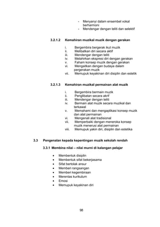 - Menyanyi dalam ensembel vokal
berharmoni
- Mendengar dengan teliti dan selektif
3.2.1.2 Kemahiran muzikal muzik dengan gerakan
i. Bergembira bergerak ikut muzik
ii. Melibatkan diri secara aktif
iii. Mendengar dengan teliti
iv. Melahirkan ekspresi diri dengan gerakan
v. Faham konsep muzik dengan gerakan
vi. Mengaitkan dengan budaya dalam
pergerakan muzik
vii. Memupuk keyakinan diri disiplin dan estetik
3.2.1.3 Kemahiran muzikal permainan alat muzik
i. Bergembira bermain muzik
ii. Penglibatan secara akrif
iii. Mendengar dengan teliti
iv. Bermain alat muzik secara muzikal dan
terkawal
v. Memahami dan mengaplikasi konsep muzik
dan alat permainan
vi. Mengenali alat tradisional
vii. Memperbaiki dengan meneroka konsep
muzik menerusi alat permainan
viii. Memupuk yakin diri, disiplin dan estetika
3.3 Pengenalan kepada kepentingan muzik sekolah rendah
3.3.1 Membina nilai – nilai murni di kalangan pelajar
• Membentuk disiplin
• Membentuk sifat bekerjasama
• Sifat bertolak ansur
• Memberi rangsangan
• Memberi kegembiraan
• Merentas kurikulum
• Emosi
• Memupuk keyakinan diri
98
 