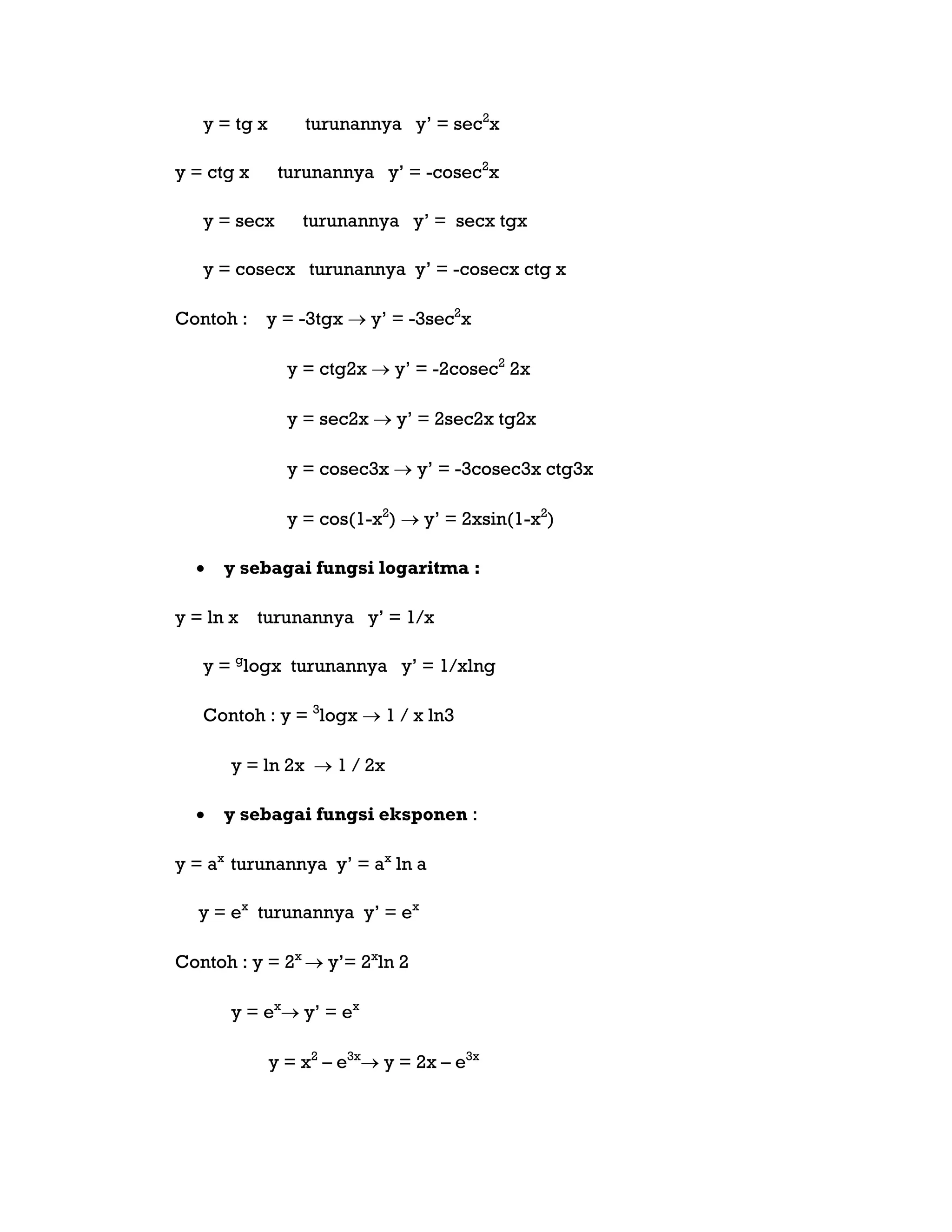 y = tg x turunannya y‟ = sec2
x
y = ctg x turunannya y‟ = -cosec2
x
y = secx turunannya y‟ = secx tgx
y = cosecx turunannya y‟ = -cosecx ctg x
Contoh : y = -3tgx  y‟ = -3sec2
x
y = ctg2x  y‟ = -2cosec2
2x
y = sec2x  y‟ = 2sec2x tg2x
y = cosec3x  y‟ = -3cosec3x ctg3x
y = cos(1-x2
)  y‟ = 2xsin(1-x2
)
 y sebagai fungsi logaritma :
y = ln x turunannya y‟ = 1/x
y = g
logx turunannya y‟ = 1/xlng
Contoh : y = 3
logx  1 / x ln3
y = ln 2x  1 / 2x
 y sebagai fungsi eksponen :
y = ax
turunannya y‟ = ax
ln a
y = ex
turunannya y‟ = ex
Contoh : y = 2x
 y‟= 2x
ln 2
y = ex
 y‟ = ex
y = x2
– e3x
 y = 2x – e3x
 