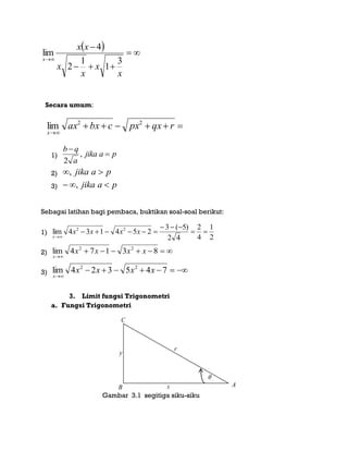   



x
x
x
x
xx
x 3
1
1
2
4
lim
Secara umum:


rqxpxcbxax
x
22
lim
1) pajika
a
qb


,
2
2) pajika ,
3) pajika  ,
Sebagai latihan bagi pembaca, buktikan soal-soal berikut:
1)
2
1
4
2
42
)5(3
254134lim 22




xxxx
x
2) 

83174lim 22
xxxx
x
3) 

745324lim 22
xxxx
x
3. Limit fungsi Trigonometri
a. Fungsi Trigonometri
Gambar 3.1 segitiga siku-siku
x
ry
C
B A

y
 
