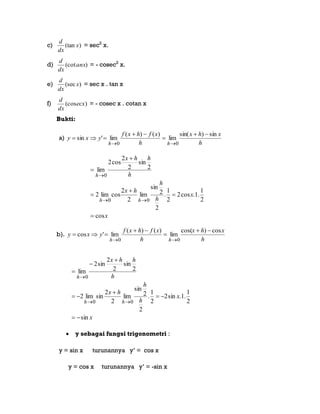 c) )(tan x
dx
d
= sec2
x.
d) )(cotanx
dx
d
= - cosec2
x.
e) )(sec x
dx
d
= sec x . tan x
f) )(cosecx
dx
d
= - cosec x . cotan x
Bukti:
a)
h
xhx
h
xfhxf
yxy
hh
sin)sin(
lim
)()(
lim'sin
00





x
x
h
h
hx
h
hhx
hh
h
cos
2
1
.1.cos2
2
1
.
2
2
sin
lim
2
2
coslim2
2
sin
2
2
cos2
lim
00
0








b).
h
xhx
h
xfhxf
yxy
hh
cos)cos(
lim
)()(
lim'cos
00





x
x
h
h
hx
h
hhx
hh
h
sin
2
1
.1.sin2
2
1
.
2
2
sin
lim
2
2
sinlim2
2
sin
2
2
sin2
lim
00
0









 y sebagai fungsi trigonometri :
y = sin x turunannya y‟ = cos x
y = cos x turunannya y‟ = -sin x
 