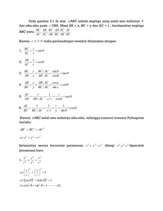 Pada gambar 3.1 di atas, ABC adalah segitiga yang salah satu sudutnya 
dan siku-siku pada  CBA. Misal AB = x, BC = y dan AC = r , berdasarkan segitiga
ABC yaitu:
BC
AC
AB
AC
BC
AB
AB
BC
AC
AB
AC
BC
,,,,
Karena A =  maka perbandingan tersebut dinyatakan dengan:
1. sin
r
y
AC
BC
2. cos
r
x
AC
AB
3. 


tan
cos
sin
/
/

ACAB
ACBC
x
y
AB
BC
4. cot
sin
cos
/
/

x
x
ACBC
ACAB
y
x
BC
AB
5. 

sec
cos
1
/
1
/
1

rxACABAB
AC
6. 

csc
sin
1
/
1
/
1

y
r
ryACBCBC
AC
Karena ABC salah satu sudutnya siku-siku, sehingga menurut teorema Pythagoras
berlaku:
222
ACBCAB 
222
ryx 
Selanjutnya secara berurutan persamaan 222
ryx  dibagi 222
,, ryx diperoleh
persamaan baru
1. 2
2
2
2
2
2
r
r
r
y
r
x

   
)1(1sincos
1sincos
1
22
22
22

















r
y
r
x
 