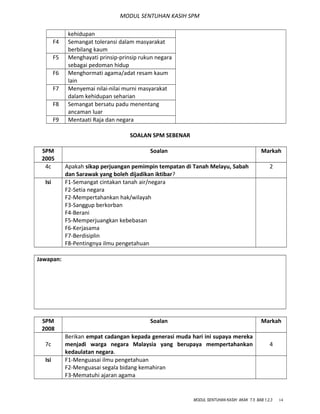 MODUL SENTUHAN KASIH SPM
kehidupan
F4 Semangat toleransi dalam masyarakat
berbilang kaum
F5 Menghayati prinsip-prinsip rukun negara
sebagai pedoman hidup
F6 Menghormati agama/adat resam kaum
lain
F7 Menyemai nilai-nilai murni masyarakat
dalam kehidupan seharian
F8 Semangat bersatu padu menentang
ancaman luar
F9 Mentaati Raja dan negara
SOALAN SPM SEBENAR
SPM
2005
Soalan Markah
4c Apakah sikap perjuangan pemimpin tempatan di Tanah Melayu, Sabah
dan Sarawak yang boleh dijadikan iktibar?
2
Isi F1-Semangat cintakan tanah air/negara
F2-Setia negara
F2-Mempertahankan hak/wilayah
F3-Sanggup berkorban
F4-Berani
F5-Memperjuangkan kebebasan
F6-Kerjasama
F7-Berdisiplin
F8-Pentingnya ilmu pengetahuan
Jawapan:
SPM
2008
Soalan Markah
7c
Berikan empat cadangan kepada generasi muda hari ini supaya mereka
menjadi warga negara Malaysia yang berupaya mempertahankan
kedaulatan negara.
4
Isi F1-Menguasai ilmu pengetahuan
F2-Menguasai segala bidang kemahiran
F3-Mematuhi ajaran agama
MODUL SENTUHAN KASIH AKAK T.5 BAB 1,2,3 14
 