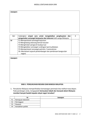 MODUL SENTUHAN KASIH SPM
Jawapan:
8cii Cadangkan empat cara untuk mengekalkan penghayatan dan
pengamalan semangat kerjasama dan toleransi oleh warga Malaysia.
4
Isi F1-Memperkukuh semangat kejiranan
F2-Menghalang sebarang bentuk hasutan
F3-Menghindari pengaruh budaya luar
F4-Mengekalkan semangat rundingan/ permuafakatan
F5-Memperkukuh semangat patriotic / nasionalisme
F6- Memahami sejarah perkembangan dan pembinaan bangsa dan
negara
Jawapan:
BAB 6 : PENGUKUHAN NEGARA DAN BANGSA MALAYSIA
1. Penubuhan Malaysia memperlihatkan kematangan pemimpin kita melihat masa depan.
Pada pandangan anda, mengapakah kemasukan Sabah dan Sarawak dalam Malaysia
memberi banyak faedah kepada rakyat negeri tersebut?
Isi Jawapan
F1 Kemajuan ekonomi
F2 Perniagaan
F3 Pasaran
F4 Kestabilan politik
MODUL SENTUHAN KASIH AKAK T.5 BAB 1,2,3 27
 