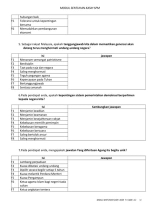 MODUL SENTUHAN KASIH SPM
hubungan baik
F5 Toleransi untuk kepentingan
bersama
F6 Memudahkan pembangunan
ekonomi
5. Sebagai rakyat Malaysia, apakah tanggungjawab kita dalam memastikan generasi akan
datang terus menghormati undang-undang negara?
Isi jawapan
F1 Menanam semangat patriotisme
F2 Berdisiplin
F3 Taat pada raja dan negara
F4 Saling menghormati
F5 Teguh pegangan agama
F6 Kepercayaan pada Tuhan
F7 Bertanggungjawab
F8 Sentiasa amanah
6.Pada pendapat anda, apakah kepentingan sistem pemerintahan demokrasi berparlimen
kepada negara kita?
Isi Sambungkan jawapan
F1 Menjamin keadilan
F2 Menjamin keamanan
F3 Menjamin kesejahteraan rakyat
F4 Kebebasan memilih pemimpin
F5 Kebebasan beragama
F6 Kebebasan bersuara
F7 Saling bertolak ansur
F8 Saling menghormati
7.Pada pendapat anda, mengapakah jawatan Yang diPertuan Agung itu begitu unik?
Isi Jawapan
F1 Lambang perpaduan
F2 Kuasa dibatasi undang-undang
F3 Dipilih secara begilir setiap 5 tahun
F4 Kuasa melantik Perdana Menteri
F5 Kuasa Pengampun
F6 Ketua agama Islam bagi negeri tiada
sultan
F7 Ketua angkatan tentera
MODUL SENTUHAN KASIH AKAK T.5 BAB 1,2,3 32
 