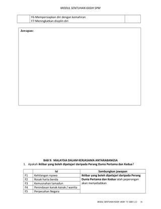 MODUL SENTUHAN KASIH SPM
F6-Mempersiapkan diri dengan kemahiran
F7-Meningkatkan disiplin diri
BAB 9: MALAYSIA DALAM KERJASAMA ANTARABANGSA
1. Apakah iktibar yang boleh dipelajari daripada Perang Dunia Pertama dan Kedua?
Isi Sambungkan jawapan
F1 Kehilangan nyawa Iktibar yang boleh dipelajari daripada Perang
Dunia Pertama dan Kedua ialah peperangan
akan menyebabkan
F2 Rosak harta benda
F3 Kemusnahan tamadun
F4 Penindasan kanak-kanak / wanita
F5 Perpecahan Negara
MODUL SENTUHAN KASIH AKAK T.5 BAB 1,2,3 38
Jawapan:
 