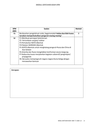 MODUL SENTUHAN KASIH SPM
SPM
2005
Soalan Markah
9b Berdasarkan pengetahuan anda, bagaimanakah kedua-dua blok kuasa
tersebut memperkukuhkan pengaruh masing-masing?
8
Isi F1-Membuat persiapan ketenteraan
F2- Perlumbaan senjata/ nuklear
F3-Pertubuhan NATO dibentuk
F4-Pakatan WARSAW dibentuk
F5-SEATO dibentuk untuk menghalang pengaruh Rusia dan China di
Asia Selatan
F6-Amerika dan Rusia mengelakkan konfrantasi secara langsung
F7-Kedua-dua kuasa menjalankan kegiatan subversif/ pengintipan/
propaganda
F8- Berusaha mempengaruhi negara-negara Dunia Ketiga dengan
menawarkan bantuan
MODUL SENTUHAN KASIH AKAK T.5 BAB 1,2,3 45
Jawapan:
 