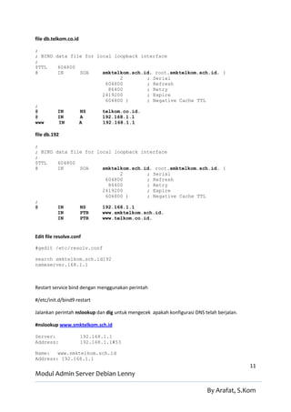 file db.telkom.co.id

;
; BIND data file for local loopback interface
;
$TTL    604800
@       IN     SOA     smktelkom.sch.id. root.smktelkom.sch.id. (
                             2        ; Serial
                        604800        ; Refresh
                         86400        ; Retry
                       2419200        ; Expire
                        604800 )      ; Negative Cache TTL
;
@       IN     NS      telkom.co.id.
@       IN     A       192.168.1.1
www     IN     A       192.168.1.1

file db.192

;
; BIND data file for local loopback interface
;
$TTL    604800
@       IN     SOA     smktelkom.sch.id. root.smktelkom.sch.id. (
                             2        ; Serial
                        604800        ; Refresh
                         86400        ; Retry
                       2419200        ; Expire
                        604800 )      ; Negative Cache TTL
;
@       IN     NS      192.168.1.1
        IN     PTR     www.smktelkom.sch.id.
        IN     PTR     www.telkom.co.id.


Edit file resolve.conf

#gedit /etc/resolv.conf

search smktelkom.sch.id192
nameserver.168.1.1



Restart service bind dengan menggunakan perintah

#/etc/init.d/bind9 restart

Jalankan perintah nslookup dan dig untuk mengecek apakah konfigurasi DNS telah berjalan.

#nslookup www.smktelkom.sch.id

Server:                192.168.1.1
Address:               192.168.1.1#53

Name:   www.smktelkom.sch.id
Address: 192.168.1.1
                                                                                           11
Modul Admin Server Debian Lenny

                                                                          By Arafat, S.Kom
 
