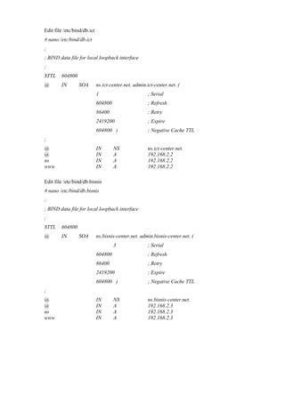 Edit file /etc/bind/db.ict
# nano /etc/bind/db.ict
;
; BIND data file for local loopback interface
;
$TTL 604800
@ IN SOA ns.ict-center.net. admin.ict-center.net. (
1 ; Serial
604800 ; Refresh
86400 ; Retry
2419200 ; Expire
604800 ) ; Negative Cache TTL
;
@ IN NS ns.ict-center.net.
@ IN A 192.168.2.2
ns IN A 192.168.2.2
www IN A 192.168.2.2
Edit file /etc/bind/db.bisnis
# nano /etc/bind/db.bisnis
;
; BIND data file for local loopback interface
;
$TTL 604800
@ IN SOA ns.bisnis-center.net. admin.bisnis-center.net. (
3 ; Serial
604800 ; Refresh
86400 ; Retry
2419200 ; Expire
604800 ) ; Negative Cache TTL
;
@ IN NS ns.bisnis-center.net.
@ IN A 192.168.2.3
ns IN A 192.168.2.3
www IN A 192.168.2.3
 