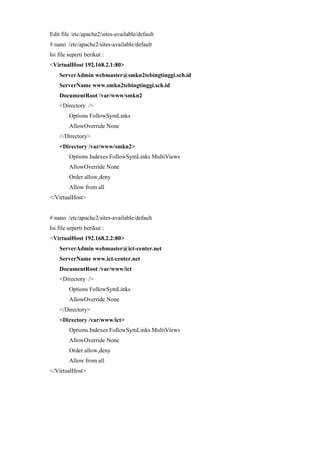 Edit file /etc/apache2/sites-available/default
# nano /etc/apache2/sites-available/default
Isi file seperti berikut :
<VirtualHost 192.168.2.1:80>
ServerAdmin webmaster@smkn2tebingtinggi.sch.id
ServerName www.smkn2tebingtinggi.sch.id
DocumentRoot /var/www/smkn2
<Directory />
Options FollowSymLinks
AllowOverride None
</Directory>
<Directory /var/www/smkn2>
Options Indexes FollowSymLinks MultiViews
AllowOverride None
Order allow,deny
Allow from all
</VirtualHost>
# nano /etc/apache2/sites-available/default
Isi file seperti berikut :
<VirtualHost 192.168.2.2:80>
ServerAdmin webmaster@ict-center.net
ServerName www.ict-center.net
DocumentRoot /var/www/ict
<Directory />
Options FollowSymLinks
AllowOverride None
</Directory>
<Directory /var/www/ict>
Options Indexes FollowSymLinks MultiViews
AllowOverride None
Order allow,deny
Allow from all
</VirtualHost>
 