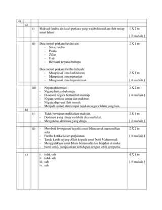 4)
a)
i) Maksud fardhu ain ialah perkara yang wajib ditunaikan oleh setiap
umat Islam.
1 X 2 m
[ 2 markah ]
ii) Dua contoh perkara fardhu ain:
- Solat fardhu
- Puasa
- Zakat
- Haji
- Berbakti kepada ibubapa
Dua contoh perkara fardhu kifayah:
- Menguasai ilmu kedoktoran
- Menguasai ilmu pertanian
- Menguasai ilmu kejuruteraan
2 X 1 m
2 X 1 m
[ 4 markah ]
iii) - Negara dihormati
- Negara bertambah maju.
- Ekonomi negara bertambah mantap.
- Negara sentiasa aman dan makmur.
- Negara digeruni oleh musuh.
- Menjadi contoh dan tempat rujukan negara Islam yang lain.
2 X 2 m
[ 4 markah ]
b)
i) - Tidak bertujuan melakukan maksiat.
- Destinasi yang dituju melebihi dua marhalah.
- Mengetahui destinasi yang dituju.
2 X 1 m
[ 2 markah ]
ii) - Memberi keringanan kepada umat Islam untuk menunaikan
solat
- Fardhu ketika dalam perjalanan.
- Tanda kasih sayang Allah kepada umat Nabi Muhammad.
- Menggalakkan umat Islam bermusafir dan berjalan di muka
- bumi untuk menjalankan kehidupan dengan lebih sempurna.
2 X 2 m
[ 4 markah ]
c) i. tidak sah
ii. tidak sah
iii. sah
iv. sah
4 X 1 m
[ 4 markah ]
 