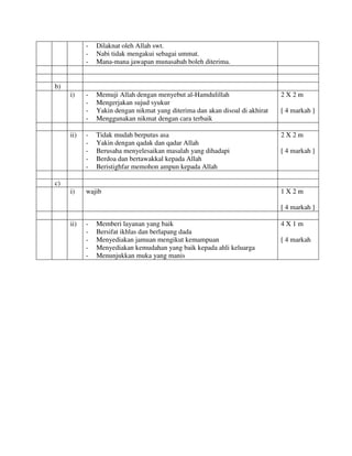 - Dilaknat oleh Allah swt.
- Nabi tidak mengakui sebagai ummat.
- Mana-mana jawapan munasabah boleh diterima.
b)
i) - Memuji Allah dengan menyebut al-Hamdulillah
- Mengerjakan sujud syukur
- Yakin dengan nikmat yang diterima dan akan disoal di akhirat
- Menggunakan nikmat dengan cara terbaik
2 X 2 m
[ 4 markah ]
ii) - Tidak mudah berputus asa
- Yakin dengan qadak dan qadar Allah
- Berusaha menyelesaikan masalah yang dihadapi
- Berdoa dan bertawakkal kepada Allah
- Beristighfar memohon ampun kepada Allah
2 X 2 m
[ 4 markah ]
c)
i) wajib 1 X 2 m
[ 4 markah ]
ii) - Memberi layanan yang baik
- Bersifat ikhlas dan berlapang dada
- Menyediakan jamuan mengikut kemampuan
- Menyediakan kemudahan yang baik kepada ahli keluarga
- Menunjukkan muka yang manis
4 X 1 m
[ 4 markah
 