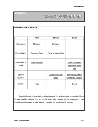 English Module
Modul Sinar UPSR 2009 106
ANSWERS
INFORMATION TRANSFER
Rani Borhan Jason
Occupation Musician Car racer
Place of Work Campbell Club Perak Motoring Club
Description of
Work
Plays the piano Takes pictures for
newspaper every
day
Special
Qualities
Usually win in car
races
Travels around the
world to take photos
Salary High Good
I would choose to be a photographer because it is an interesting occupation. I love
to take beautiful pictures. It is my hobby. I can take pictures for the newspaper. I can
travel around the world to take photos. I can also get good monthly income.
 
