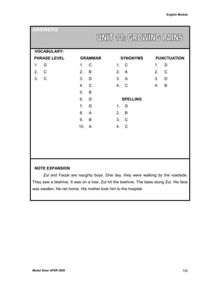 English Module
Modul Sinar UPSR 2009 130
ANSWERS
VOCABULARY:
PHRASE LEVEL GRAMMAR SYNONYMS PUNCTUATION
1. D 1. C 1. C 1. D
2. C 2. B 2. A 2. C
3. C 3. D 3. A 3. D
4. C 4. C 4. B
5. B
6. D SPELLING
7. D 1. D
8. A 2. B
9. B 3. C
10. A 4. C
NOTE EXPANSION
Zul and Faizal are naughty boys. One day, they were walking by the roadside.
They saw a beehive. It was on a tree. Zul hit the beehive. The bees stung Zul. His face
was swollen. He ran home. His mother took him to the hospital.
 